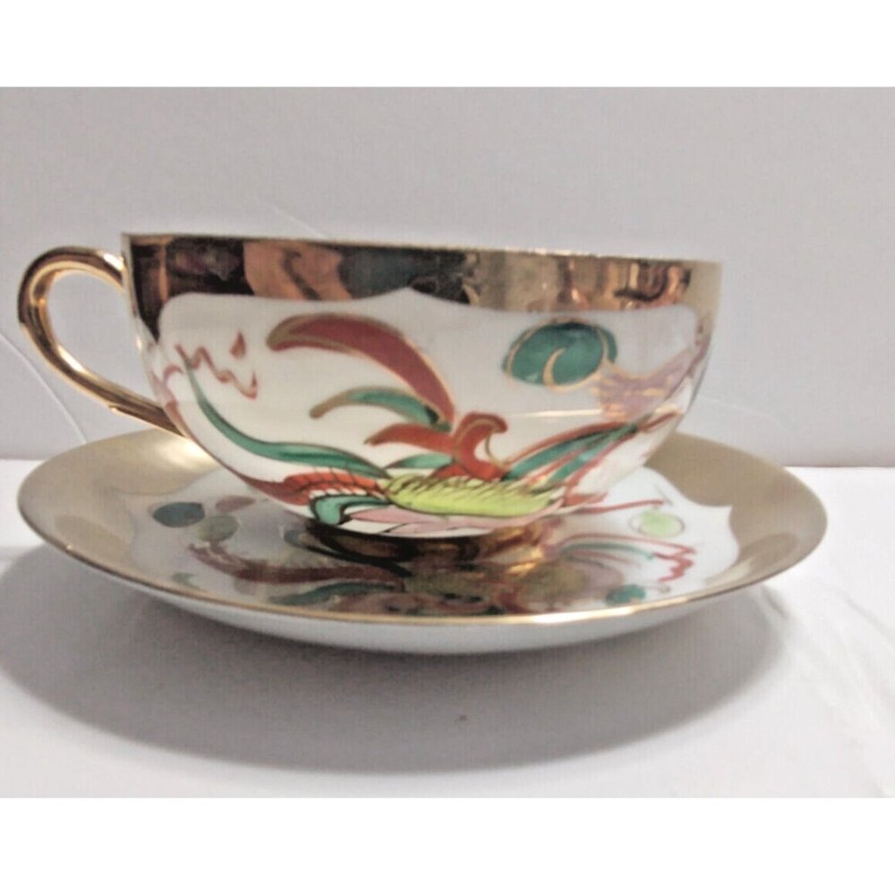Chinese Dragon Hand Made Eggshell Porcelain Tea Cup & Saucer 22K Gold gilt